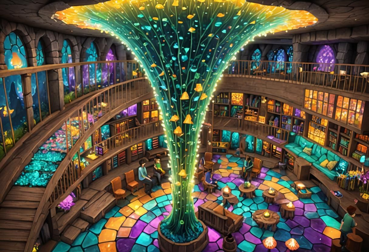 Enchanted Mushroom Lounge beneath Bioluminescent Crystal Cav...