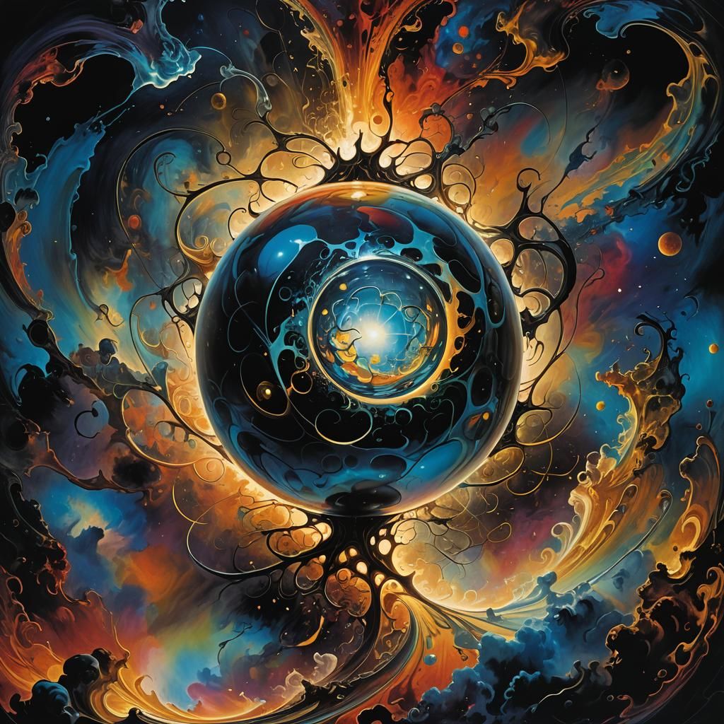 Dark Orb in Void: Cosmic Surrealism with Iridescent Light