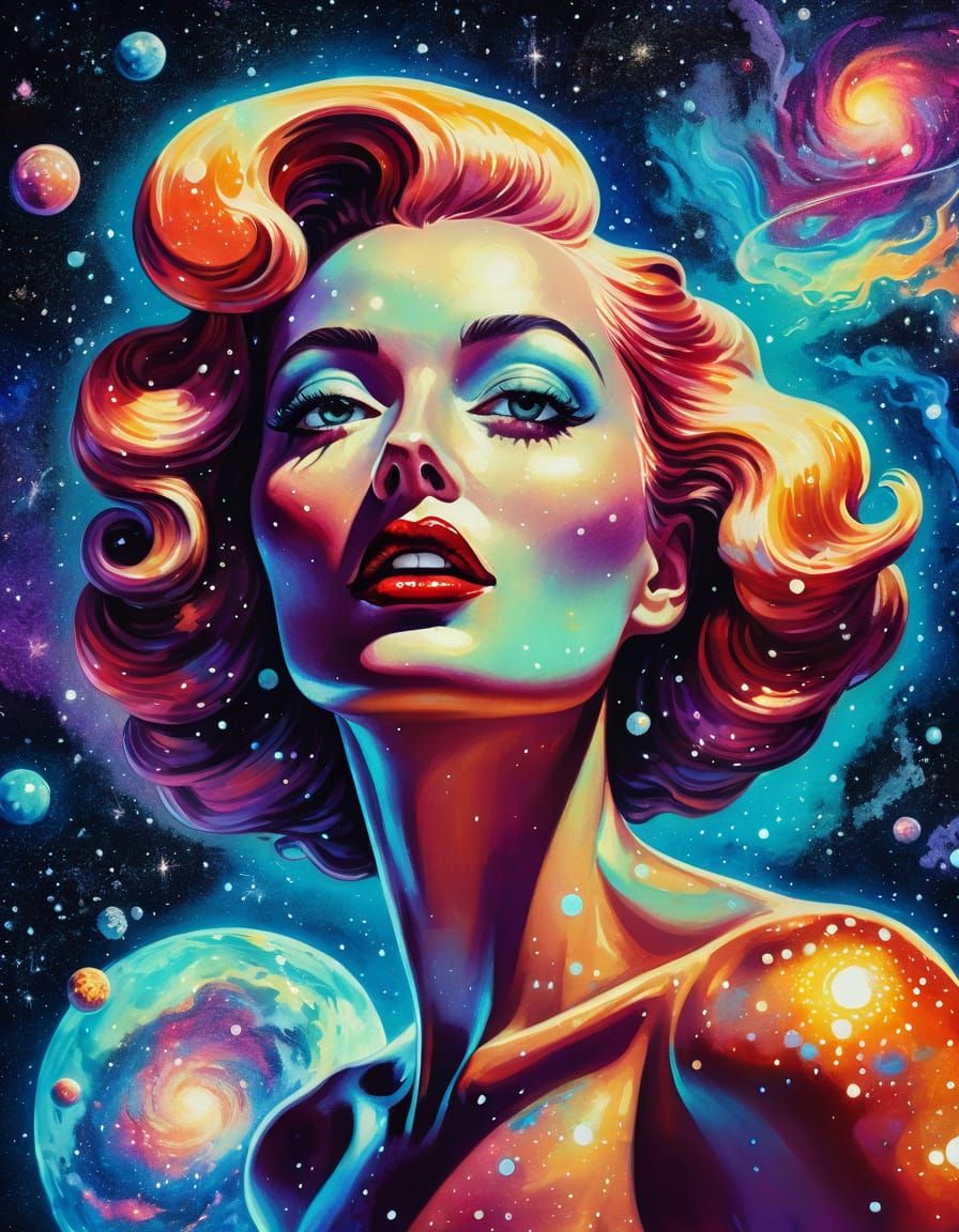 Cosmic Pin-Up Portrait in Vintage Illustration Style