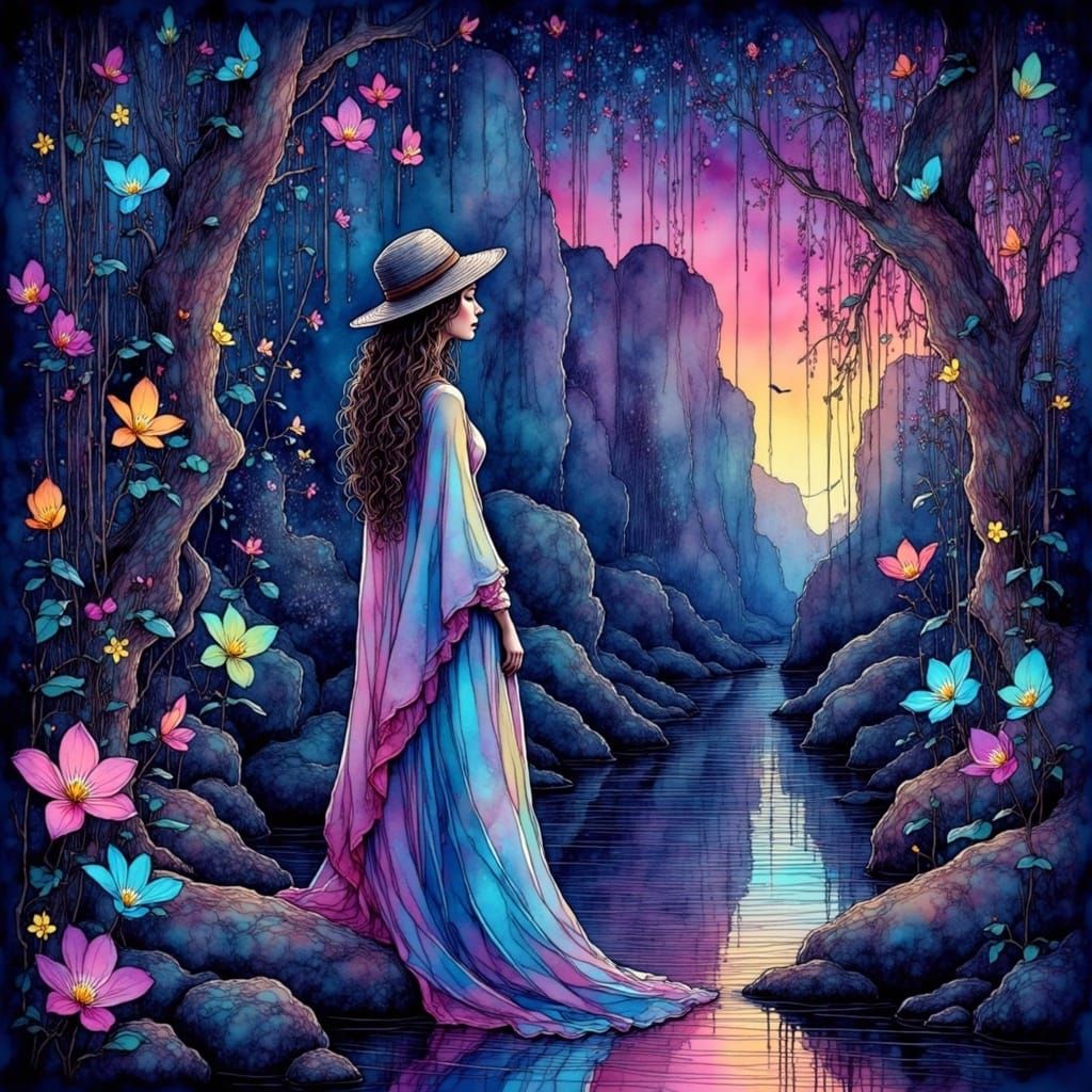 Woman in Gaudi Robes in Bioluminescent Forest