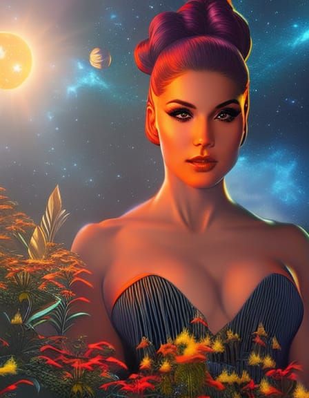 Cat-Human Hybrid Pin-Up in Retrofuturistic Style