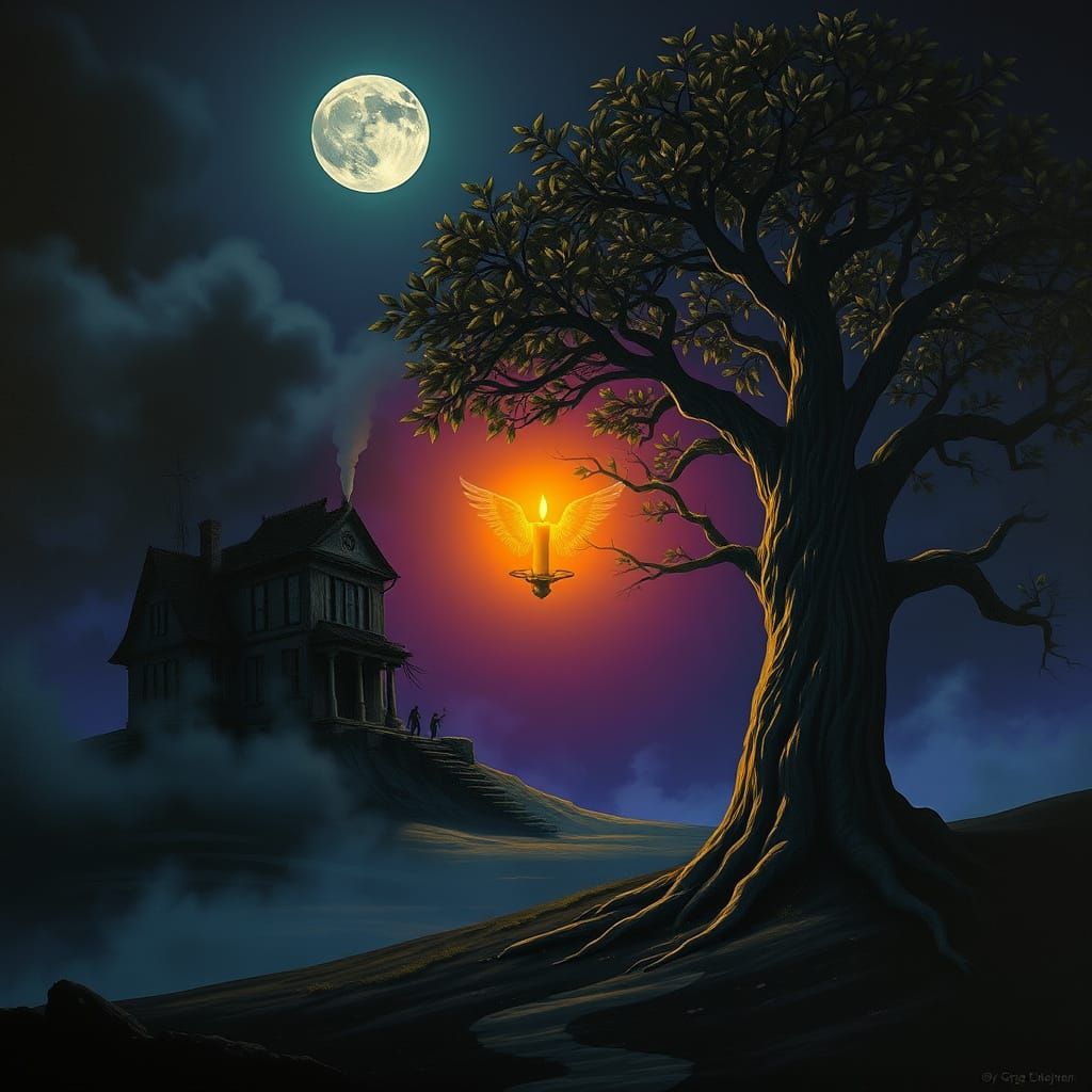 Majestic Tree Stands Vigilant Amidst Dark Fantasy Landscape