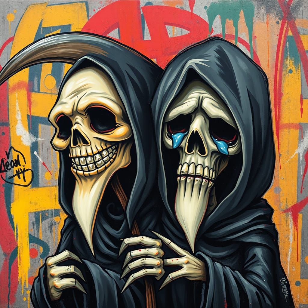 Contrasting Grim Reapers in Graffiti Art Style
