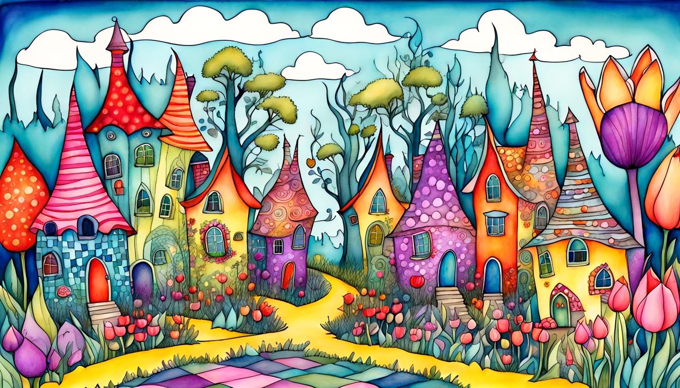 Whimsical Fantasy Village in Pen and Ink