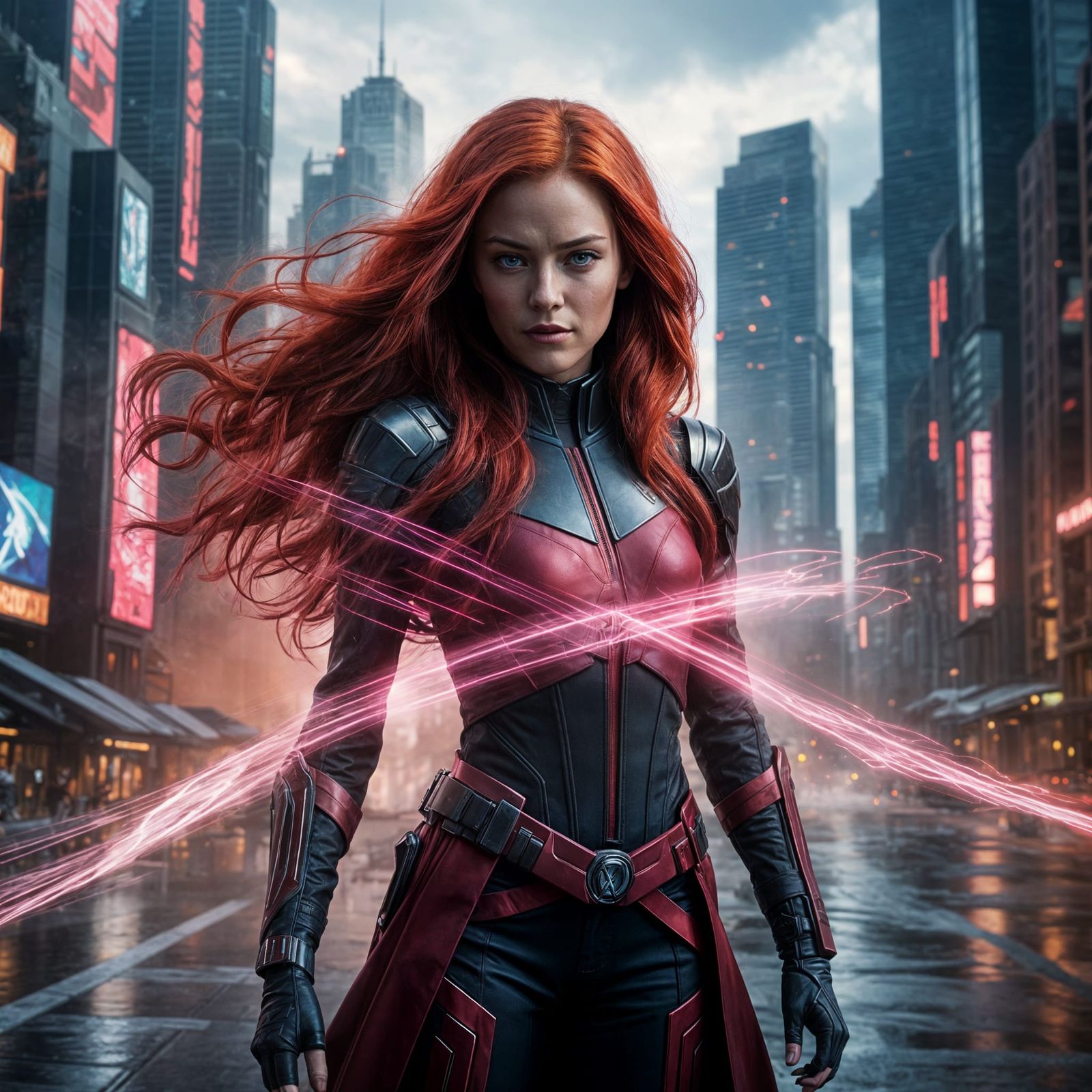 Jean Grey Radiates Psionic Energy in Futuristic Cityscape
