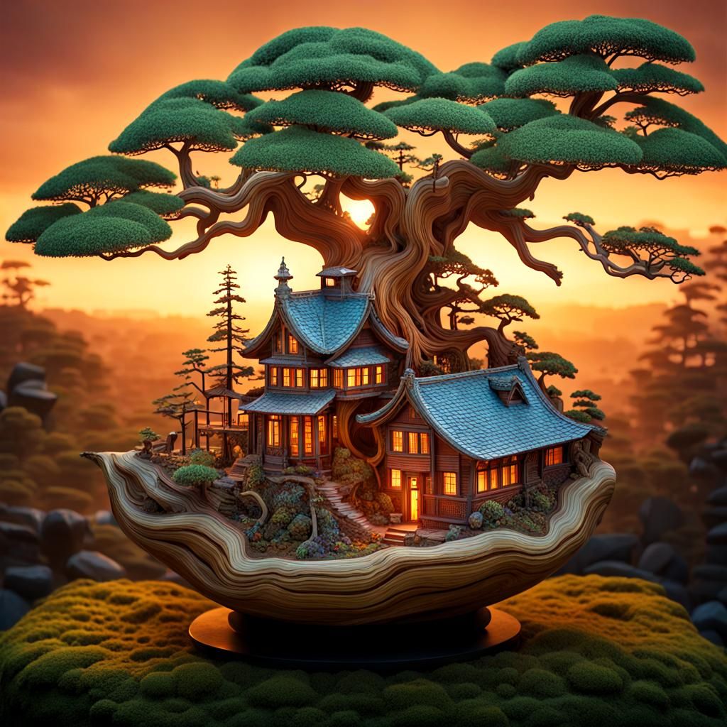 Bonsai Driftwood Village in Art Nouveau Style