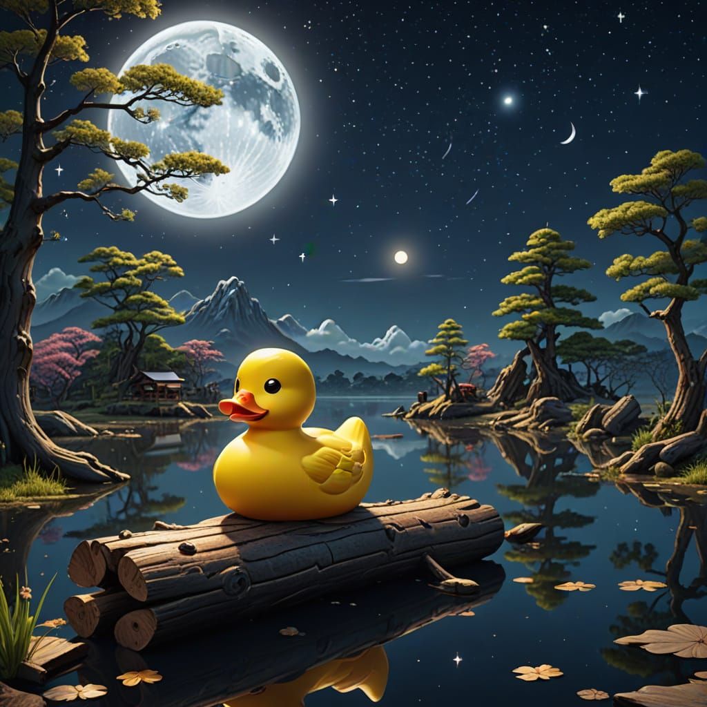 Rubber Duck Contemplates the Cosmos in Ukiyo-e Style