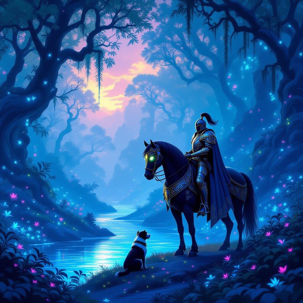 Knight in Bioluminescent Forest with Noble Dog Steed