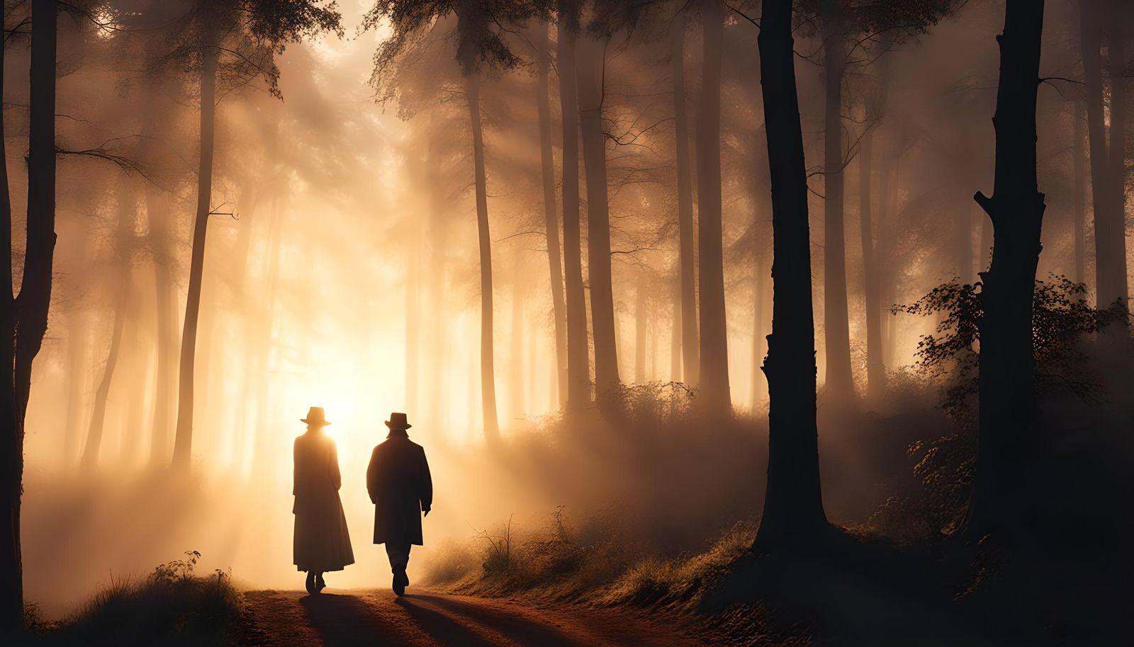 Silhouetted Couple Walks in Misty Woods at Sunset