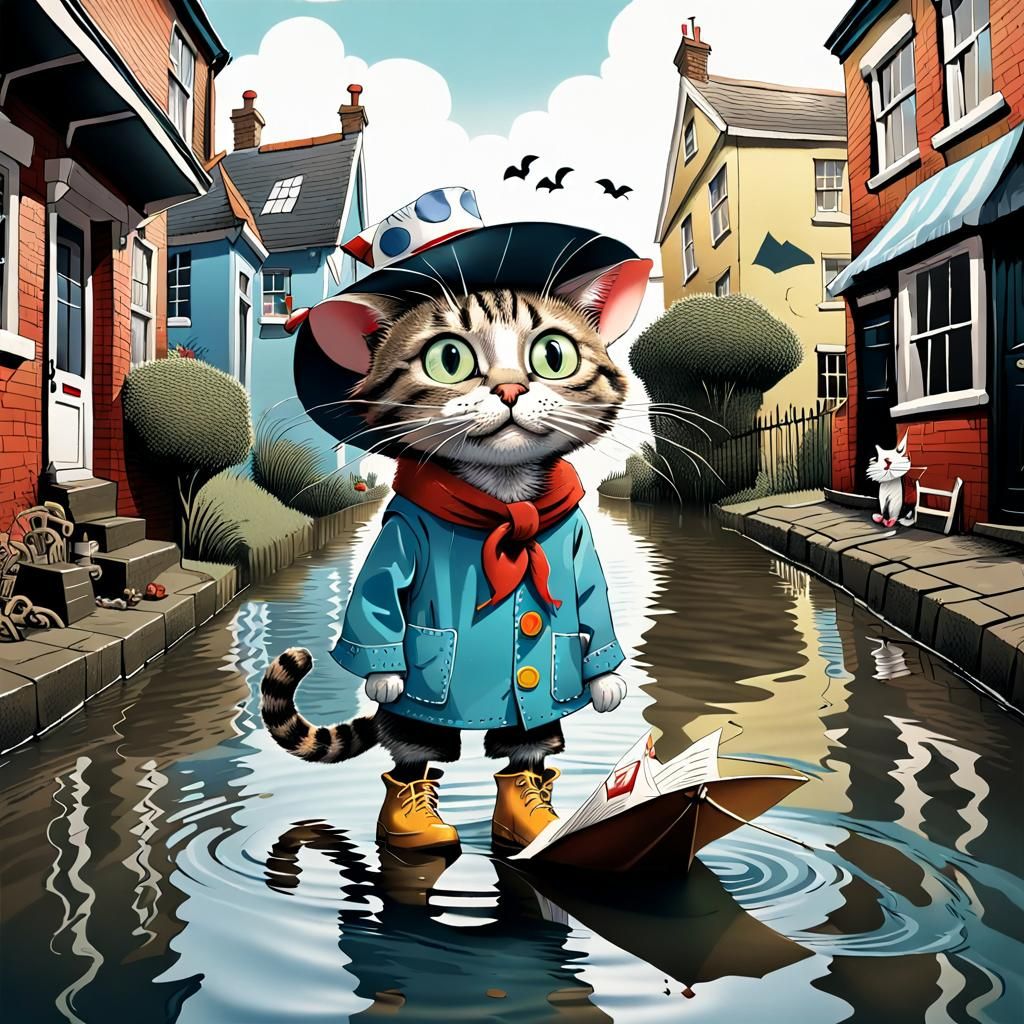 Cartoon Cat in Flooded Street, Dr. Seuss Style