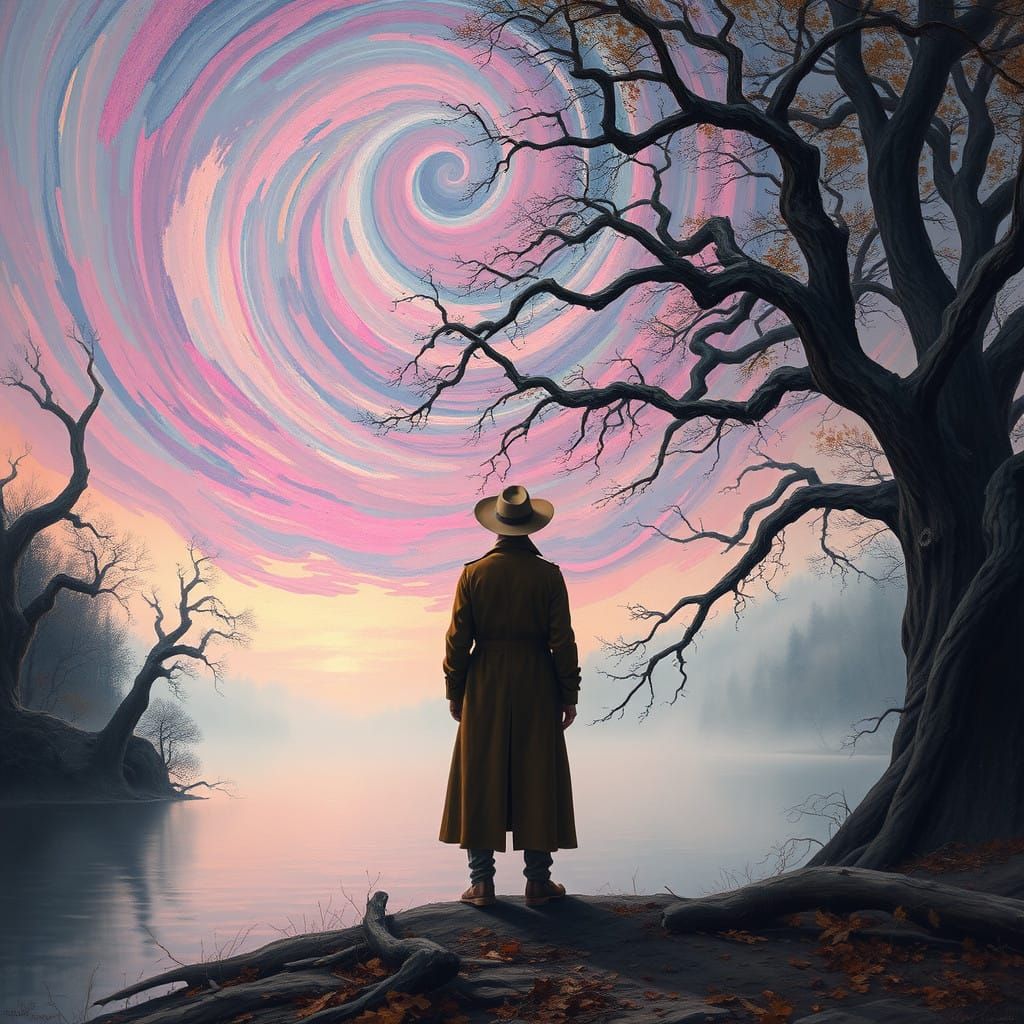 Romantic Landscape with Twisted Trees and Swirling Skies