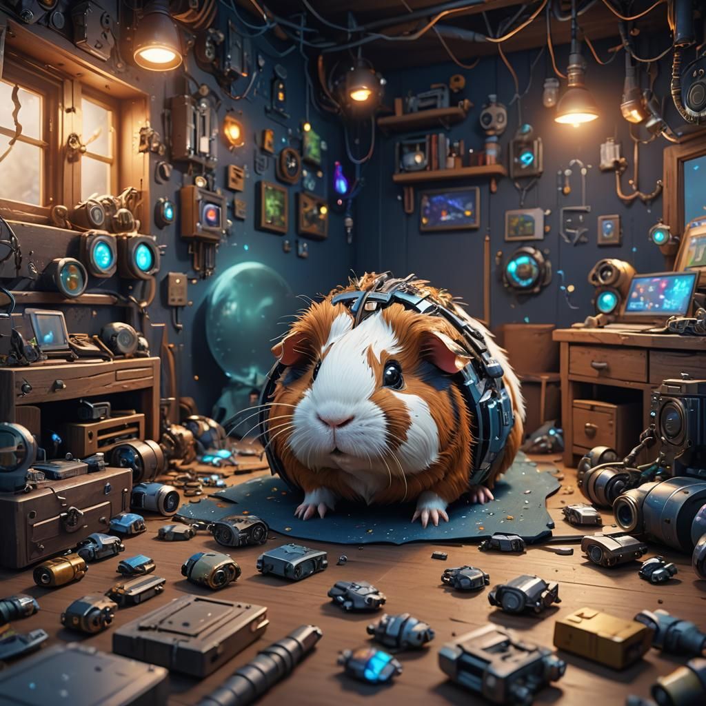 Cyborg Guinea Pig in Bedroom: Detailed Matte Painting