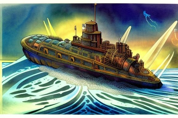 Steampunk Nautilus Underwater: Ink and Watercolor Painting