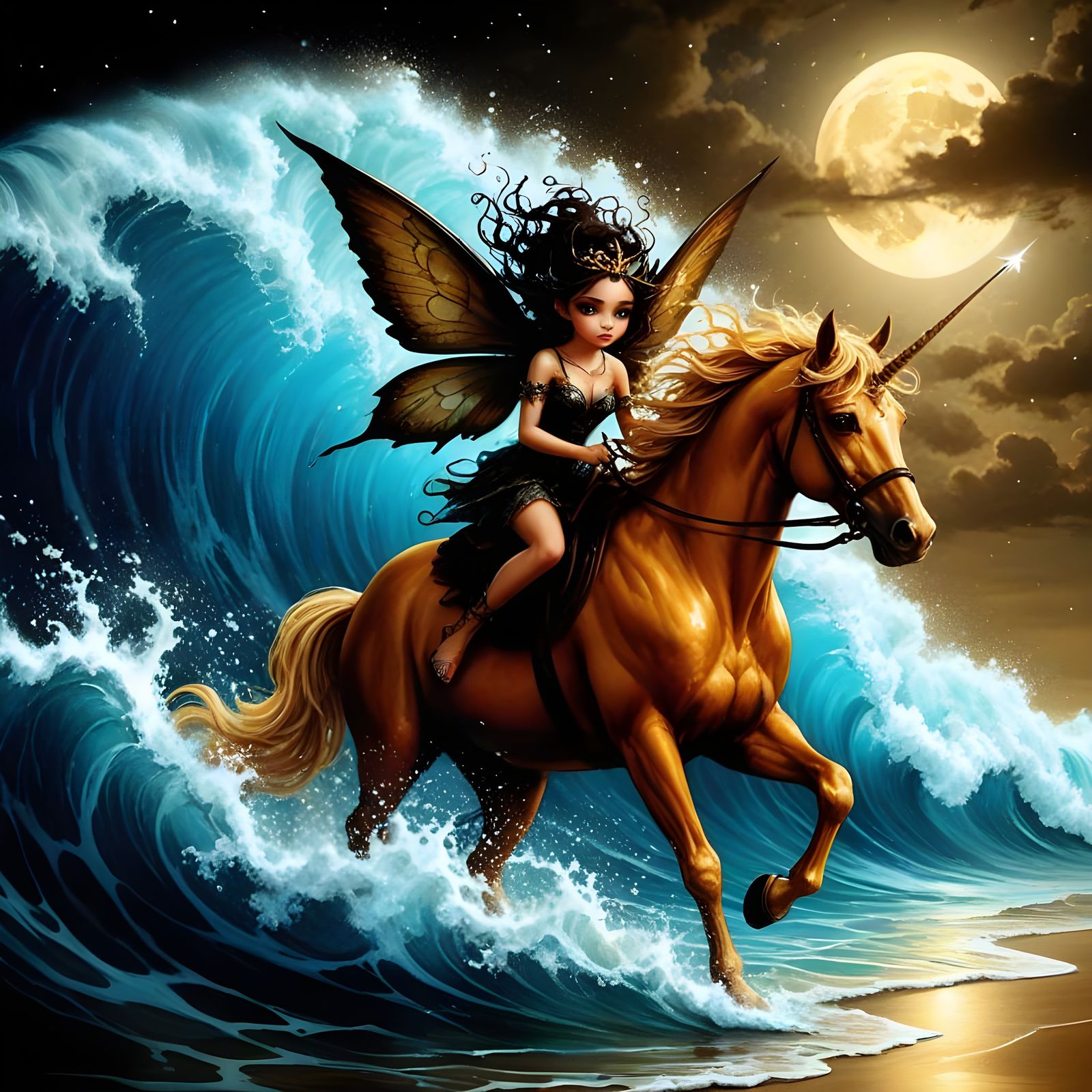 Fairy Riding Unicorn Through Azure Wave, Whimsigoth Style