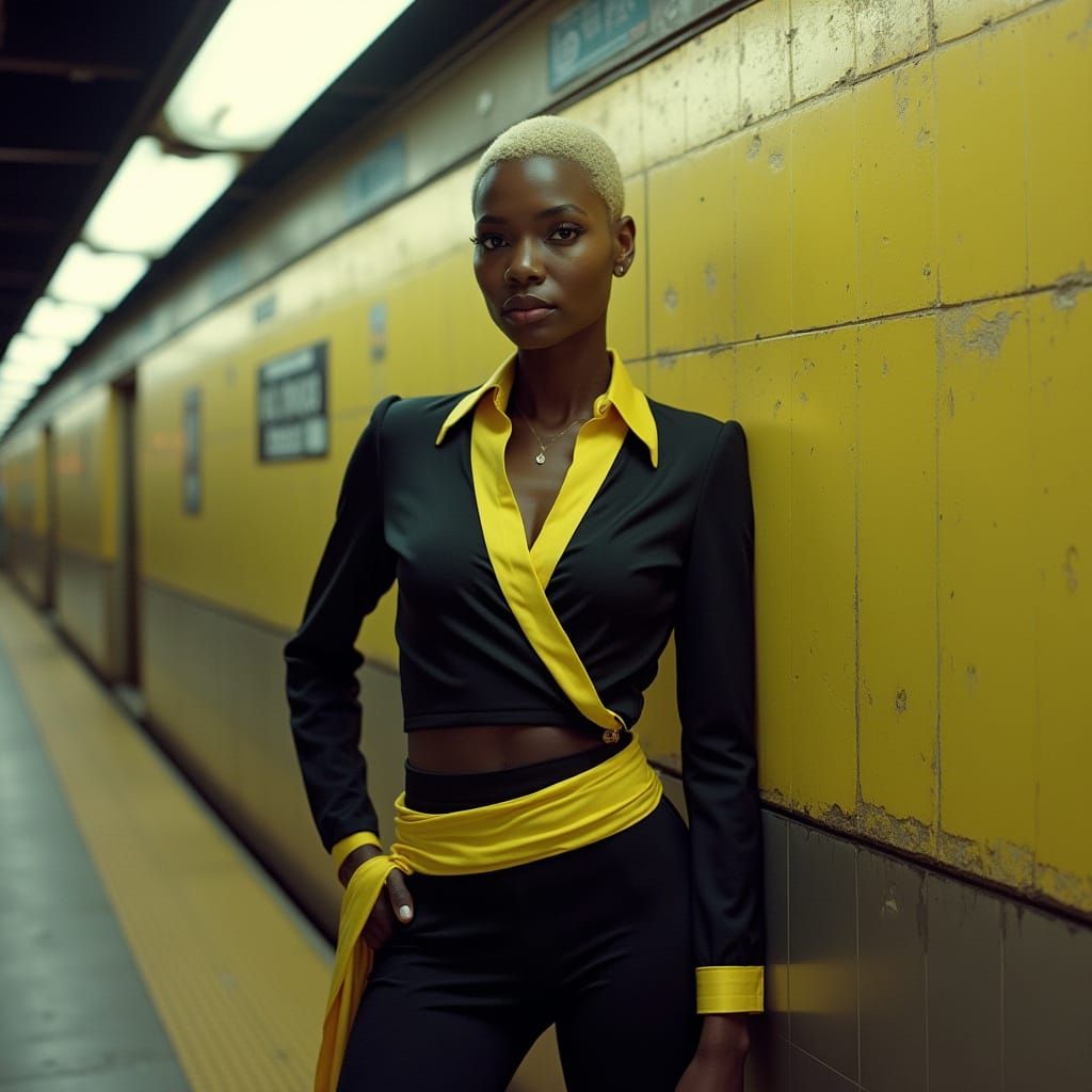 Confident Woman in NYC Subway, Hyperrealistic Portrait
