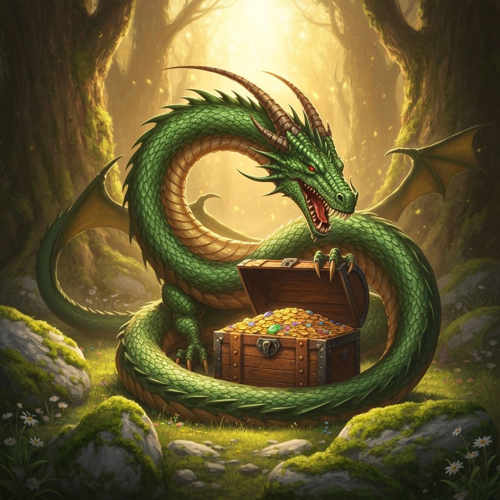 Emerald Dragon Guarding Treasure Chest in Grove
