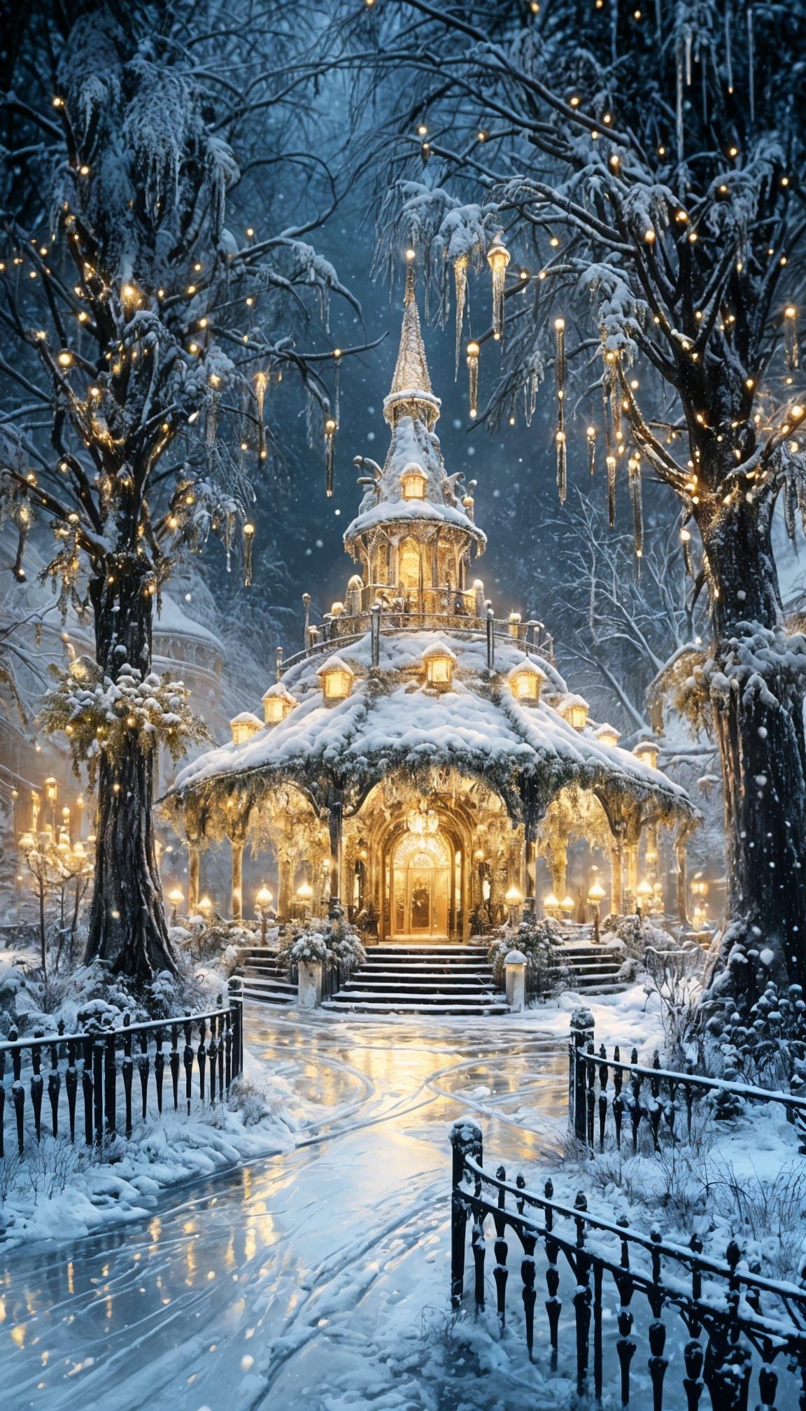 Winter Christmas Park in Frostpunk Ink Painting Style