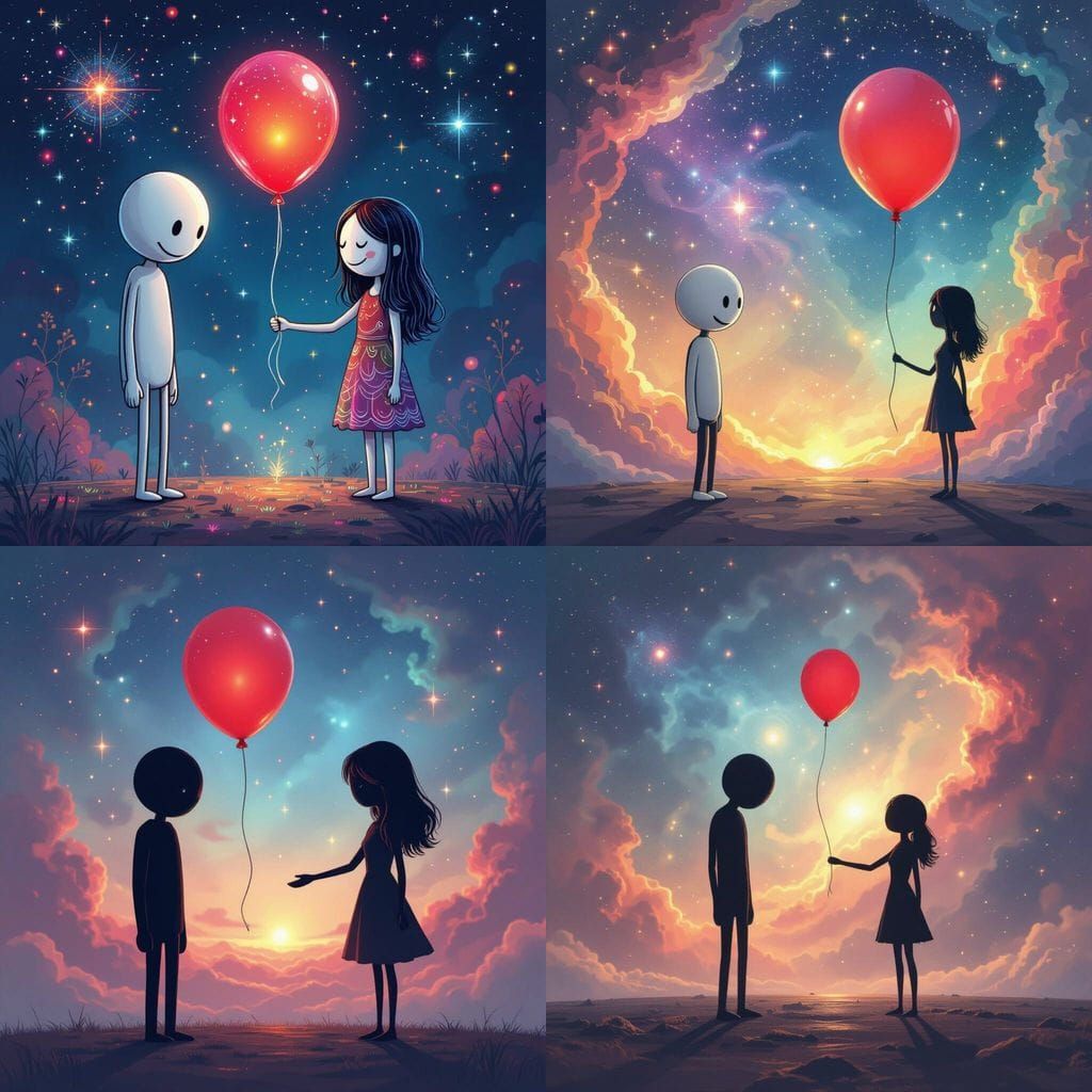 Sad Stick Figure Receives Red Balloon from Female Stick Figu...