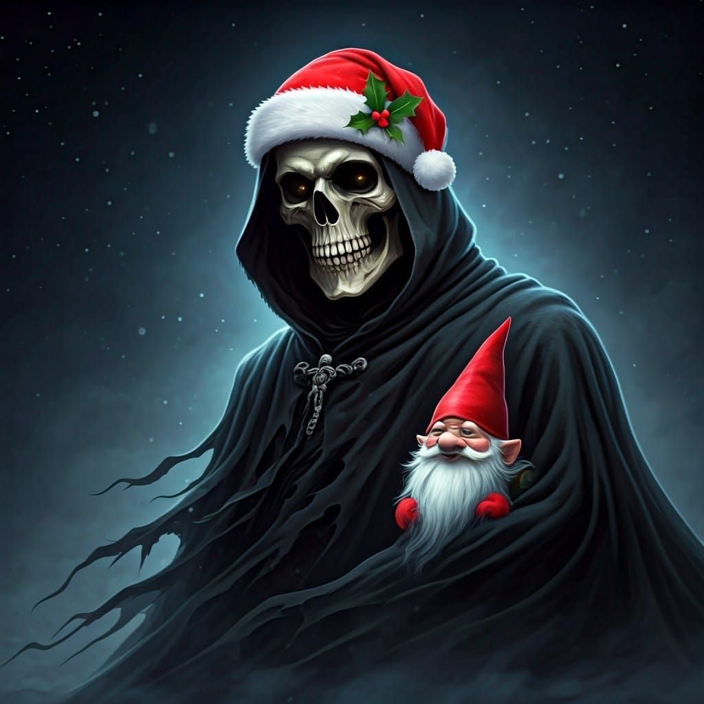 Grim reaper wearing a Santa hat with a gnome side kick