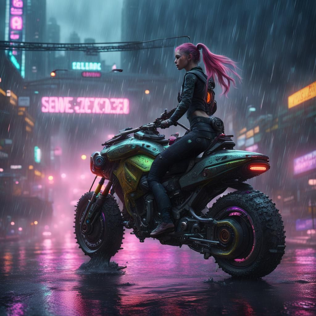 Cyberpunk Girl Rides Tech Lizard in Rain