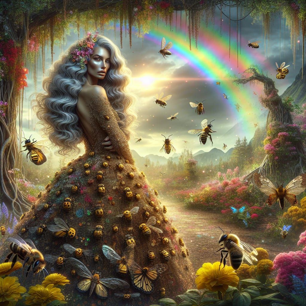 Woman in Bee Dress in Enchanting Forest