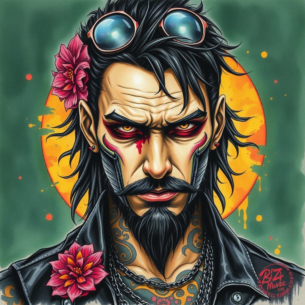Tattooed Metal Rocker Portrait in Watercolor