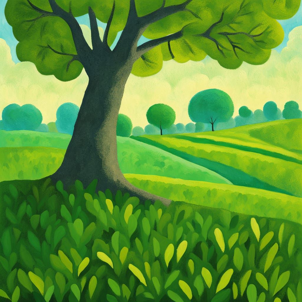 Naive Art Small Tree in Field with Blue Sky