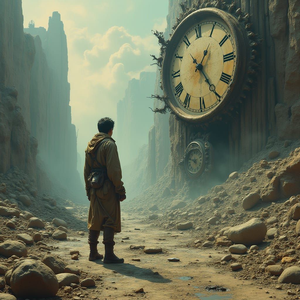 A solitary figure stands at the edge of a vast, desolate landscape where time has visibly shattered, with fragments of c...