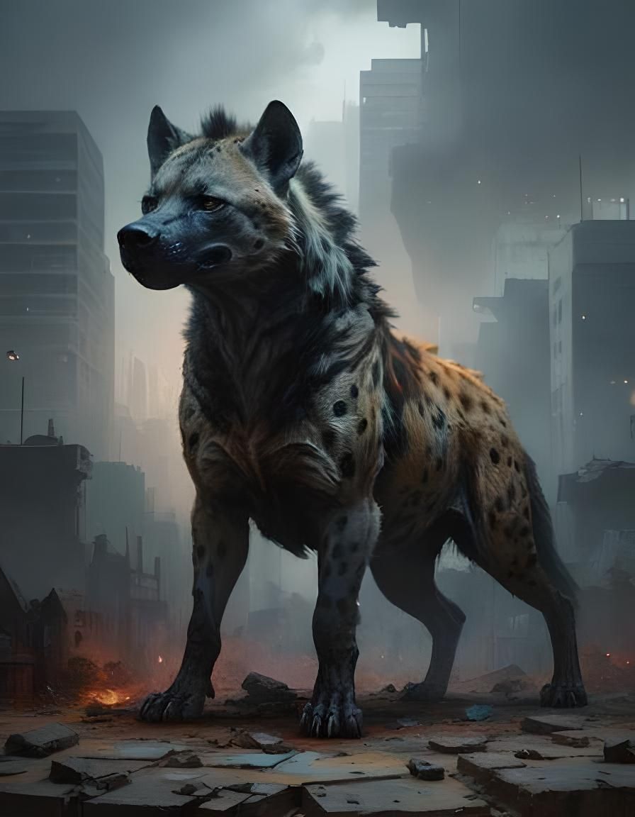 Hybrid Wolf-Hyena in Apocalyptic City, Detailed Digital Art