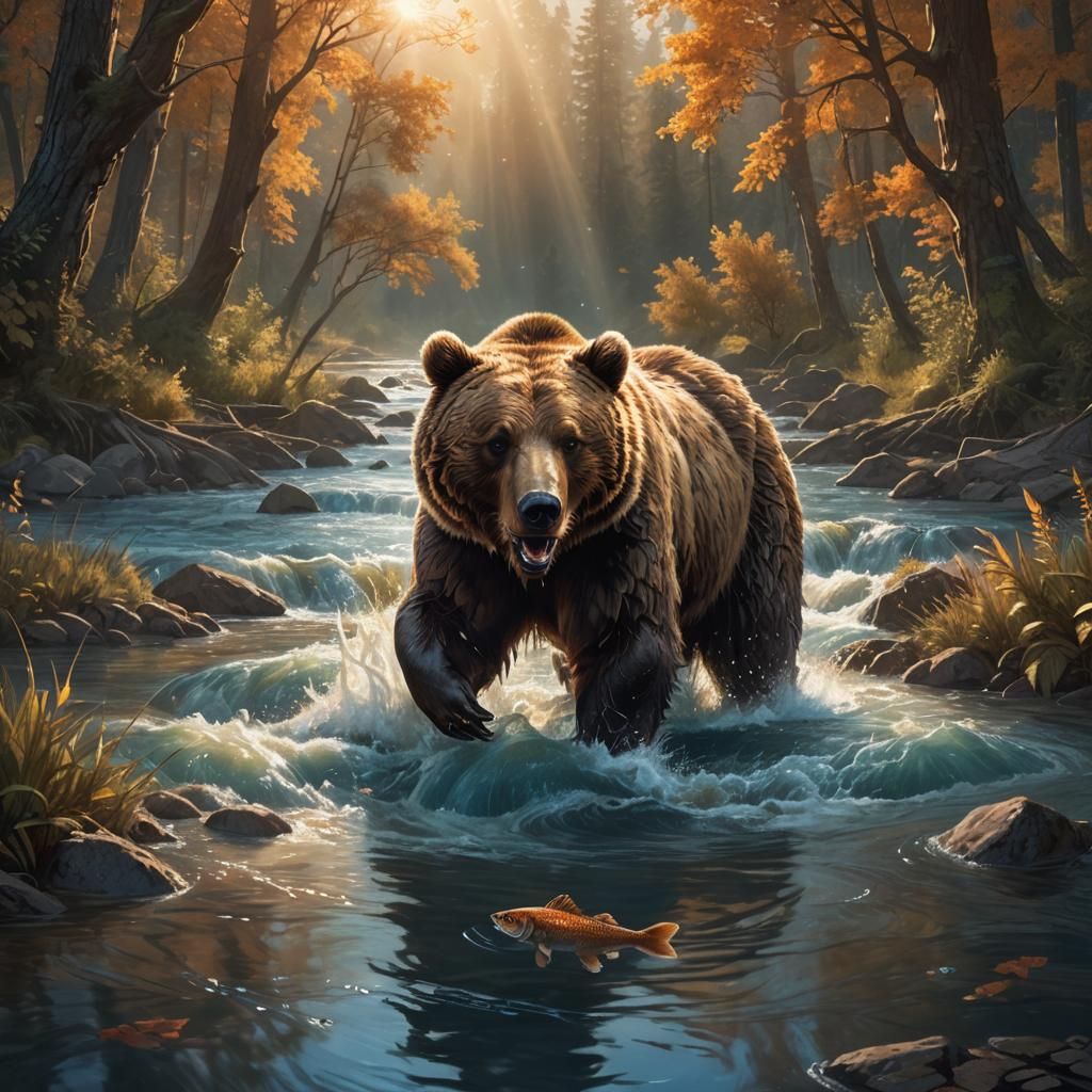 Brown Bear Catches Fish: Fantasy Concept Art