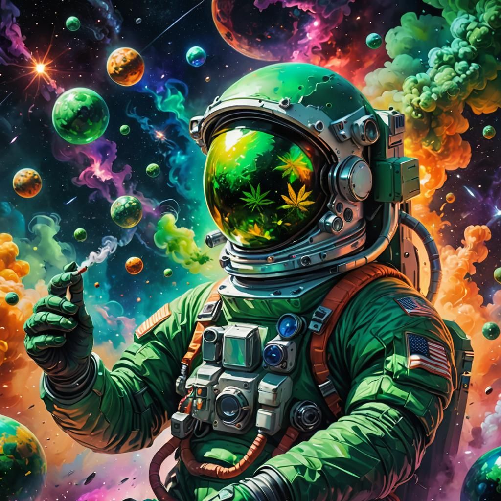 Astronaut Smoking in Space with RGB Planets