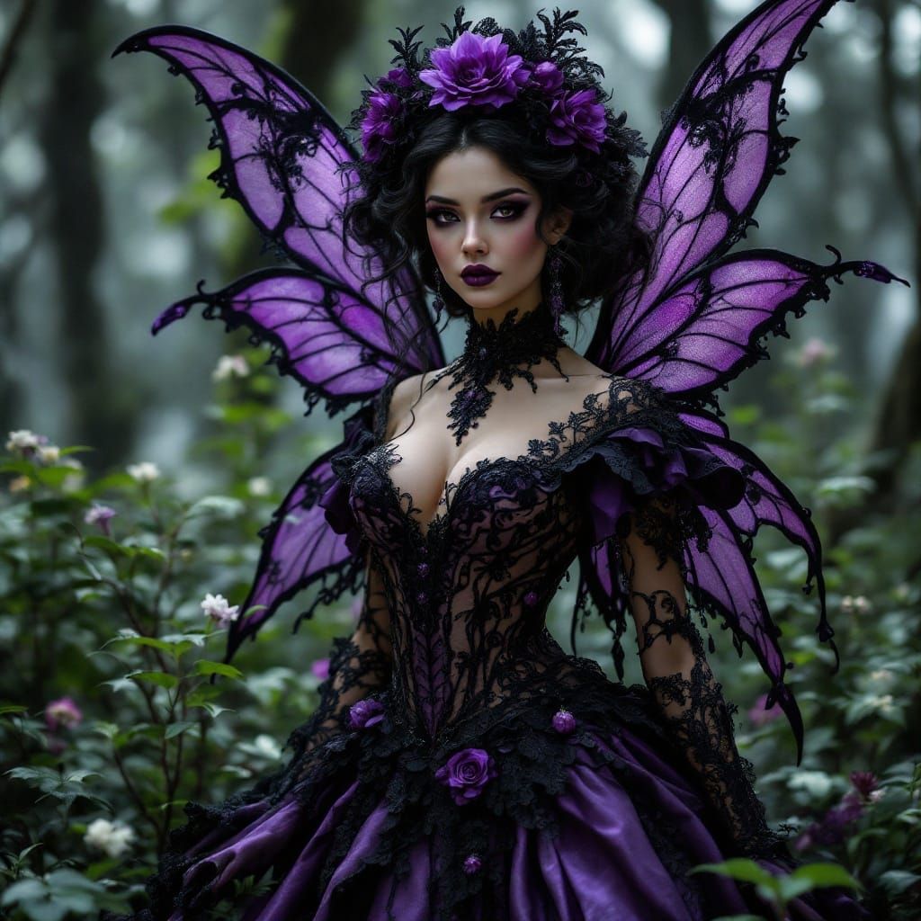 Fairy in Victorian-Inspired Gown Poses in Mystical Forest