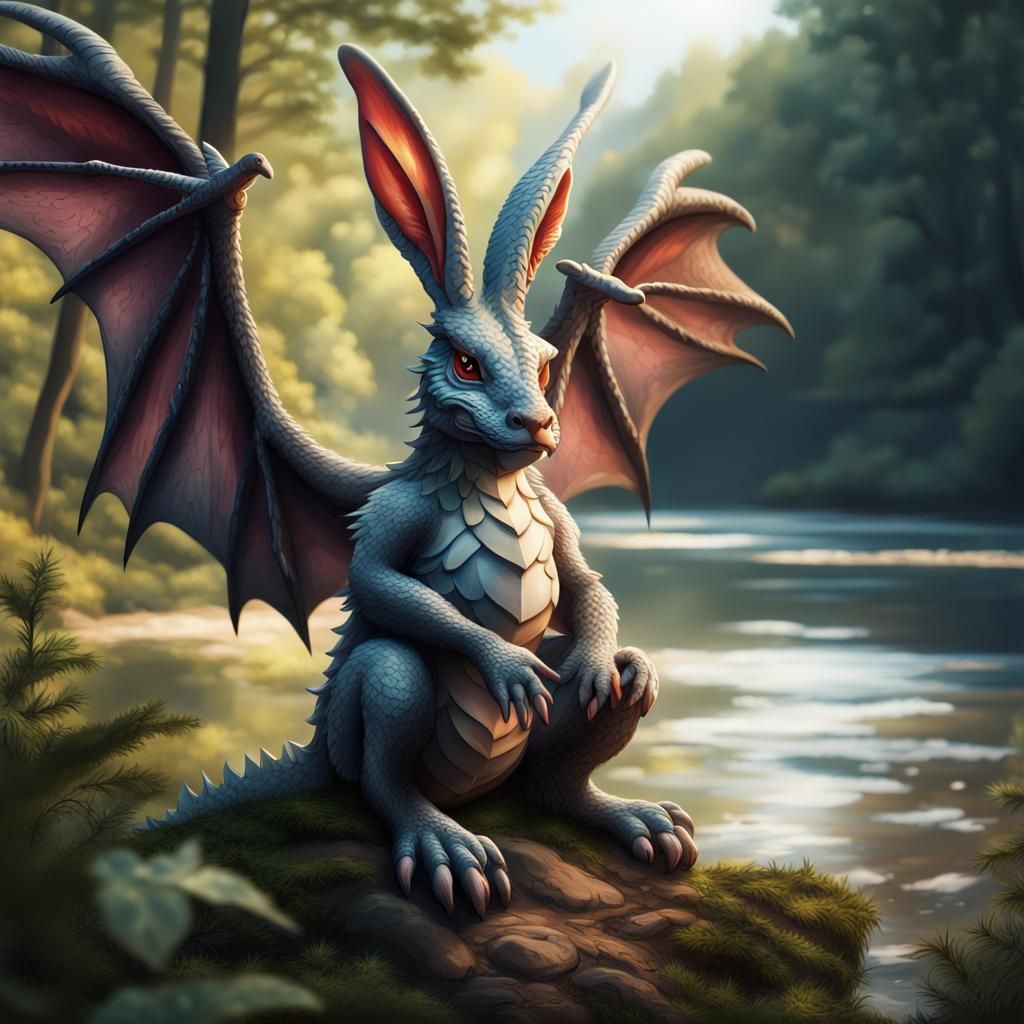Dragon Rabbit in Forest Clearing: Hyperrealistic Art