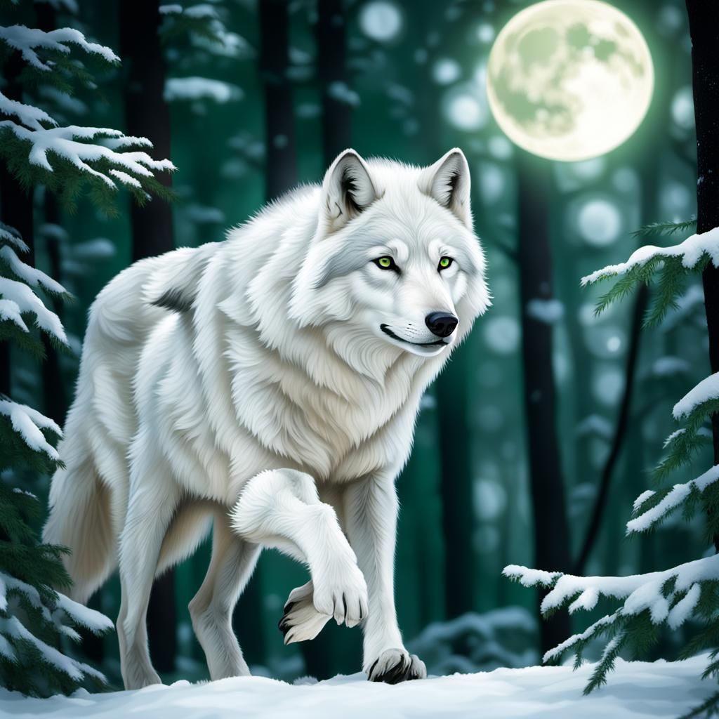 Moonlit Wolf in Snowy Forest