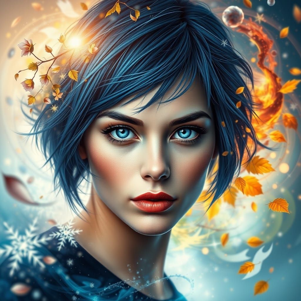 Enigmatic Woman in Harmonious Dance with the Seasons