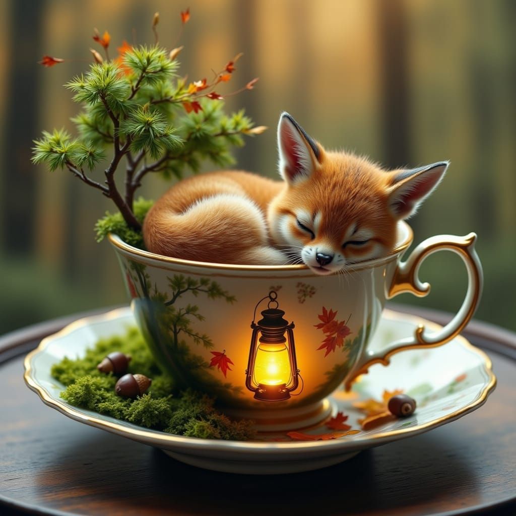 Magical Fox Napping in Teacup with Glowing Lantern