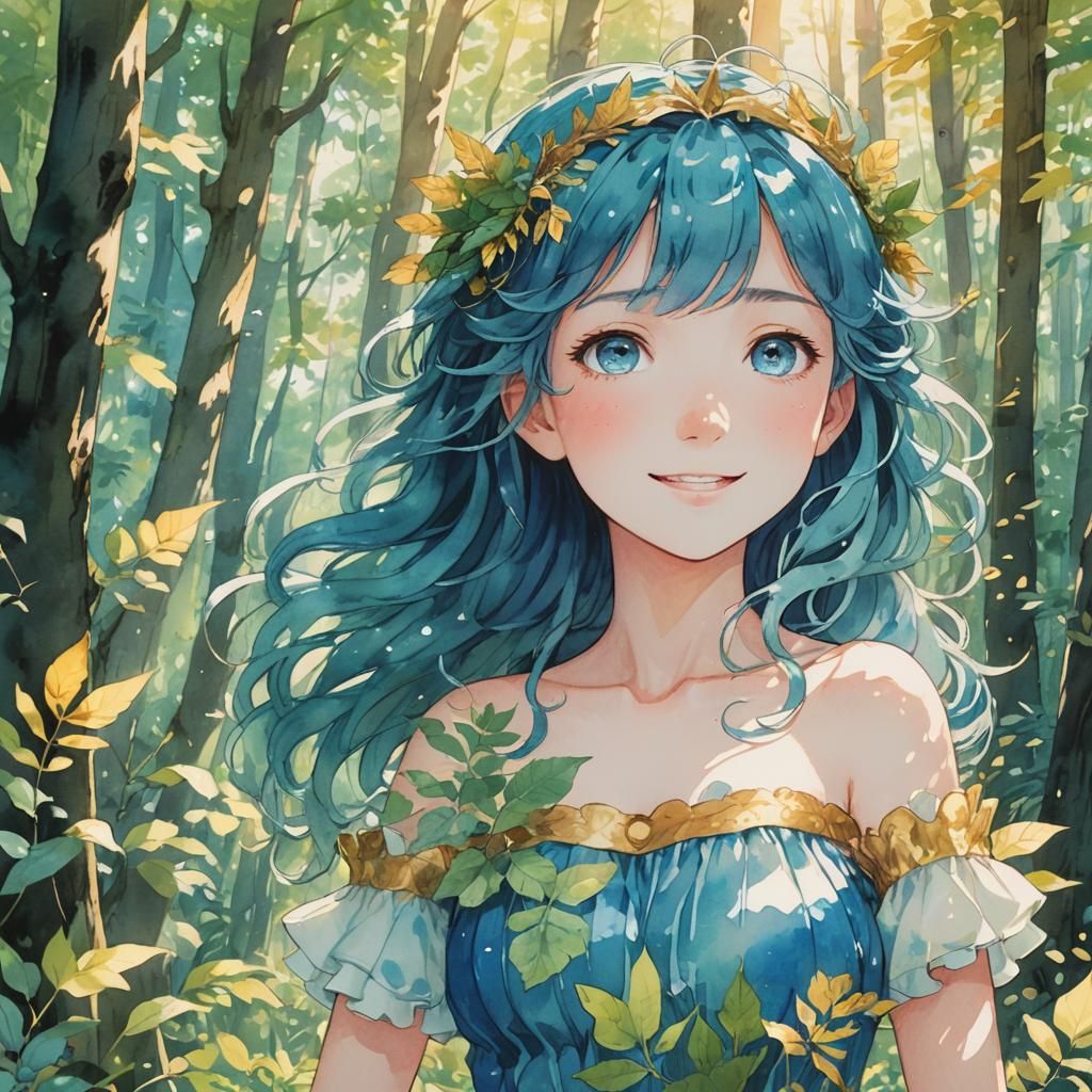 Blue Ocean Nymph in Manga Style, Forest Setting