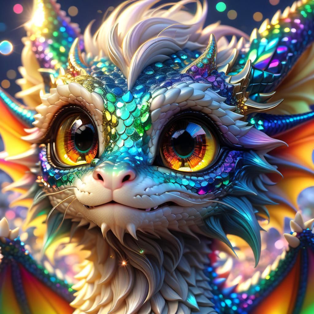 Adorable Rainbow Glitter Dragon in Anime Style