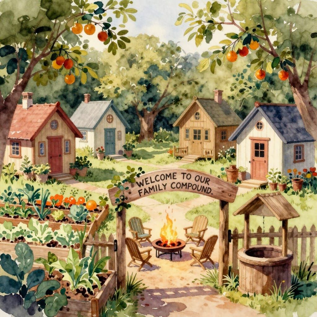 Watercolor Family Compound with Tiny Homes and Garden