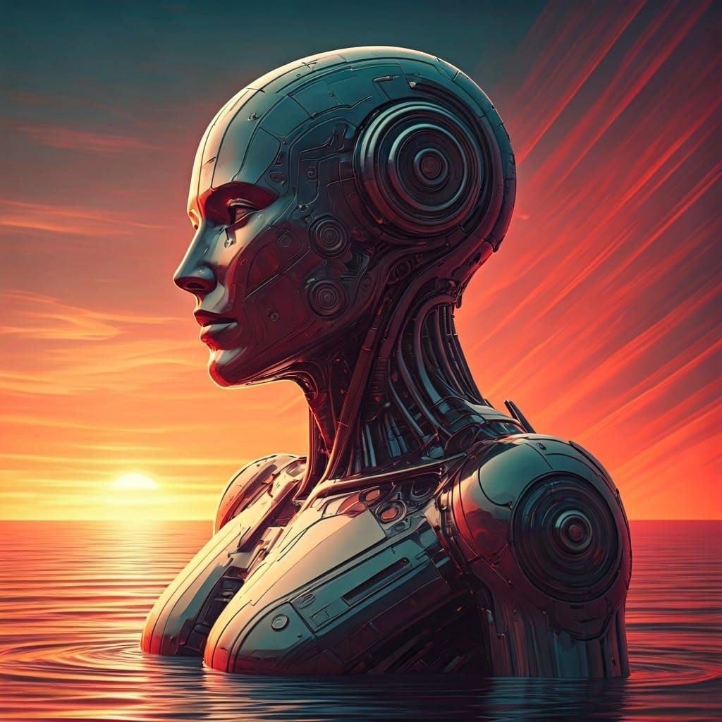 Plexiglass Android Rises from Crimson Sea at Sunset