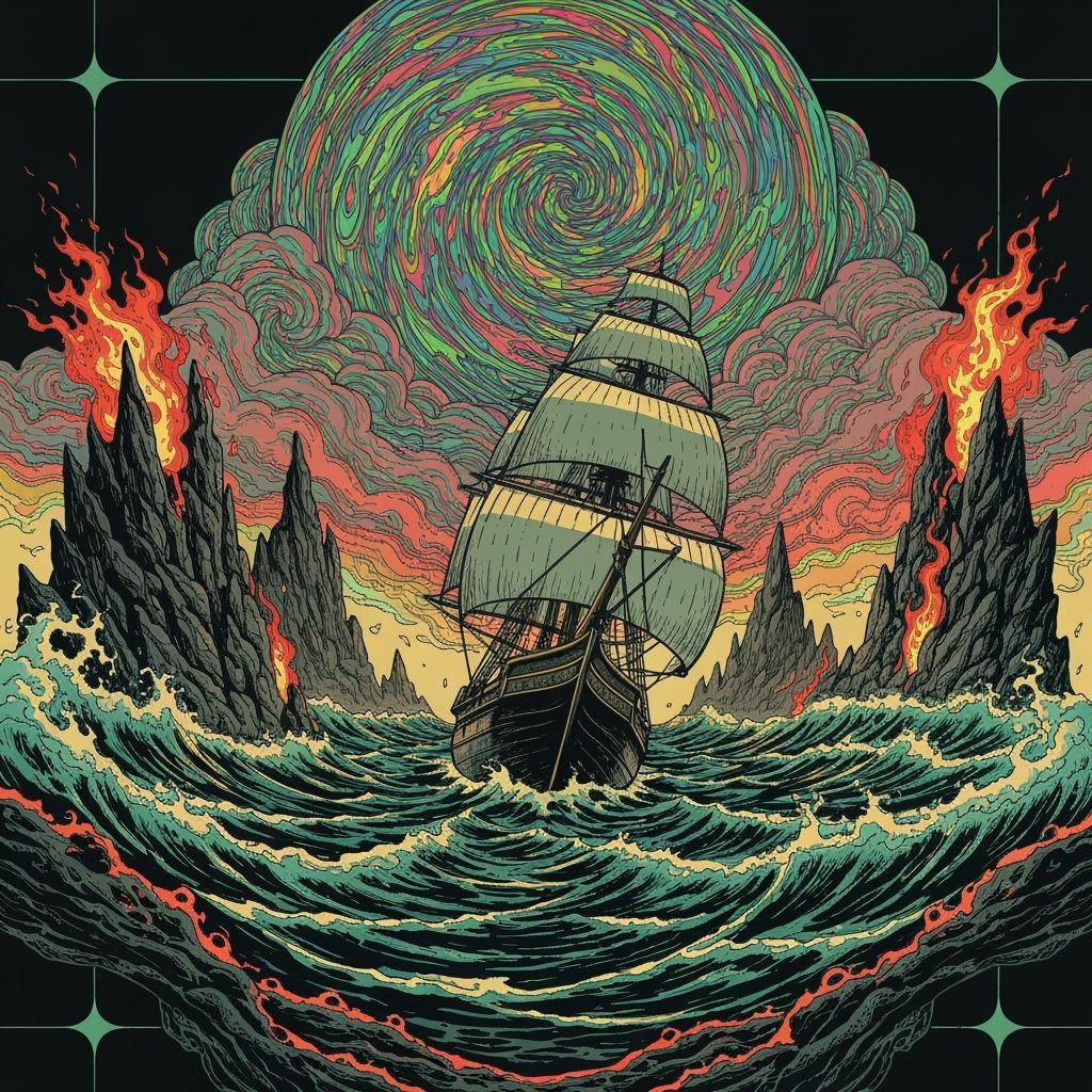 Sailing Boat Navigates Hellish Sea: Digital Illustration