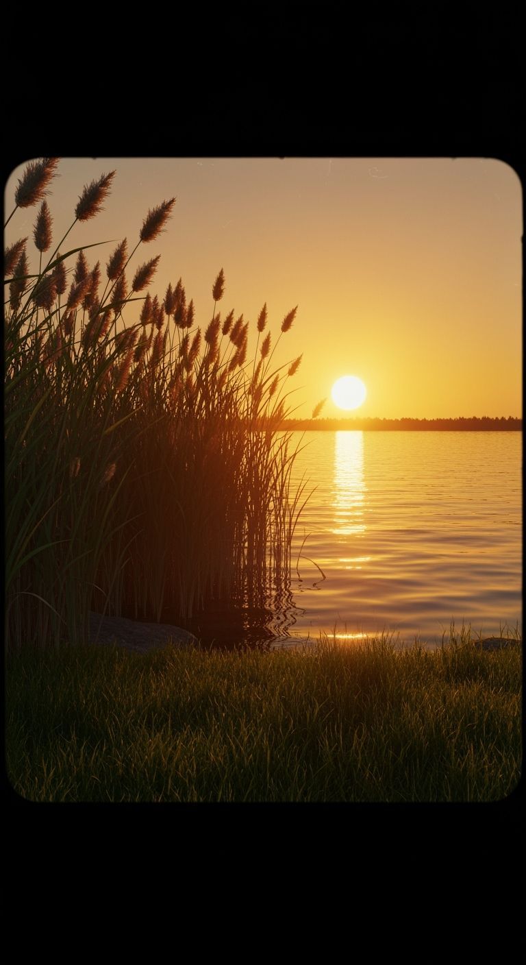 Golden Sunset Over Water with Reeds in Cinematic Style