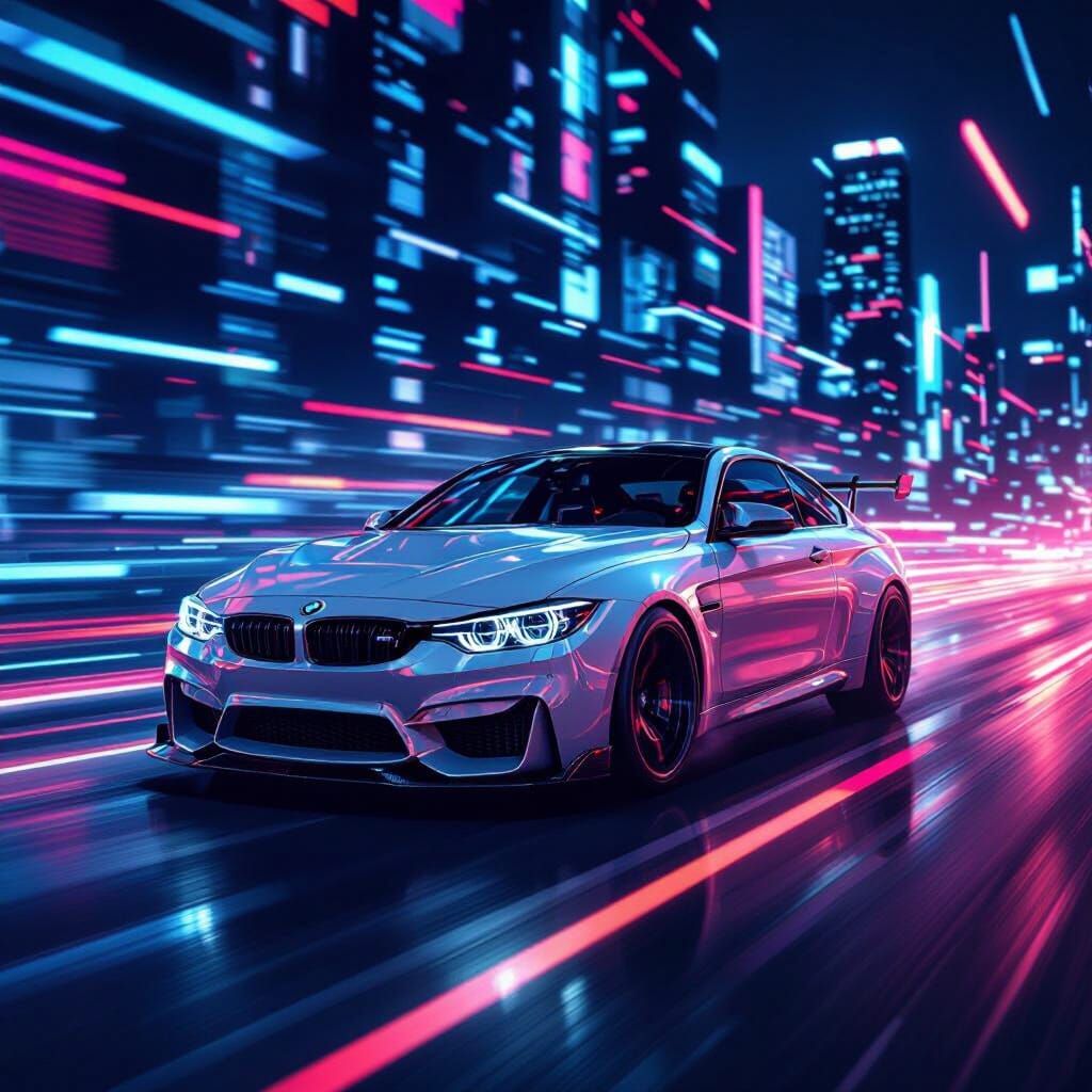 BMW M4 Races Down Neon Cybernetic Highway
