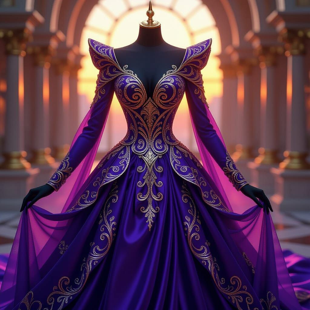 Regal Purple Glass Dress with Gold Patterns