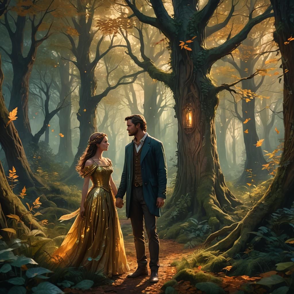 Enchanted Forest Couple in Dappled Twilight: Fantasy Art