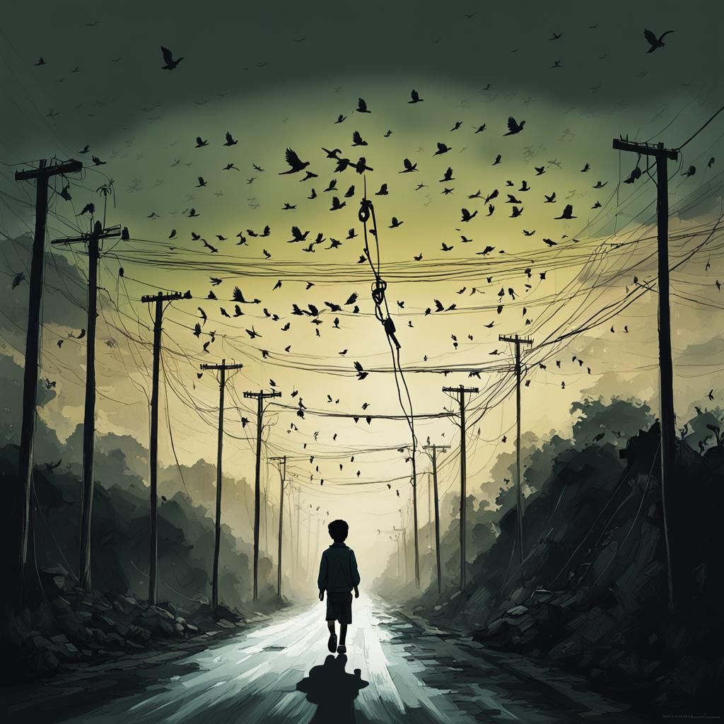 Boy Walking on Dark Road with Birds and Posters