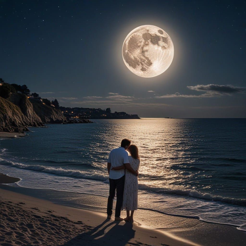 Romantic Seaside Embrace Under Moonlight