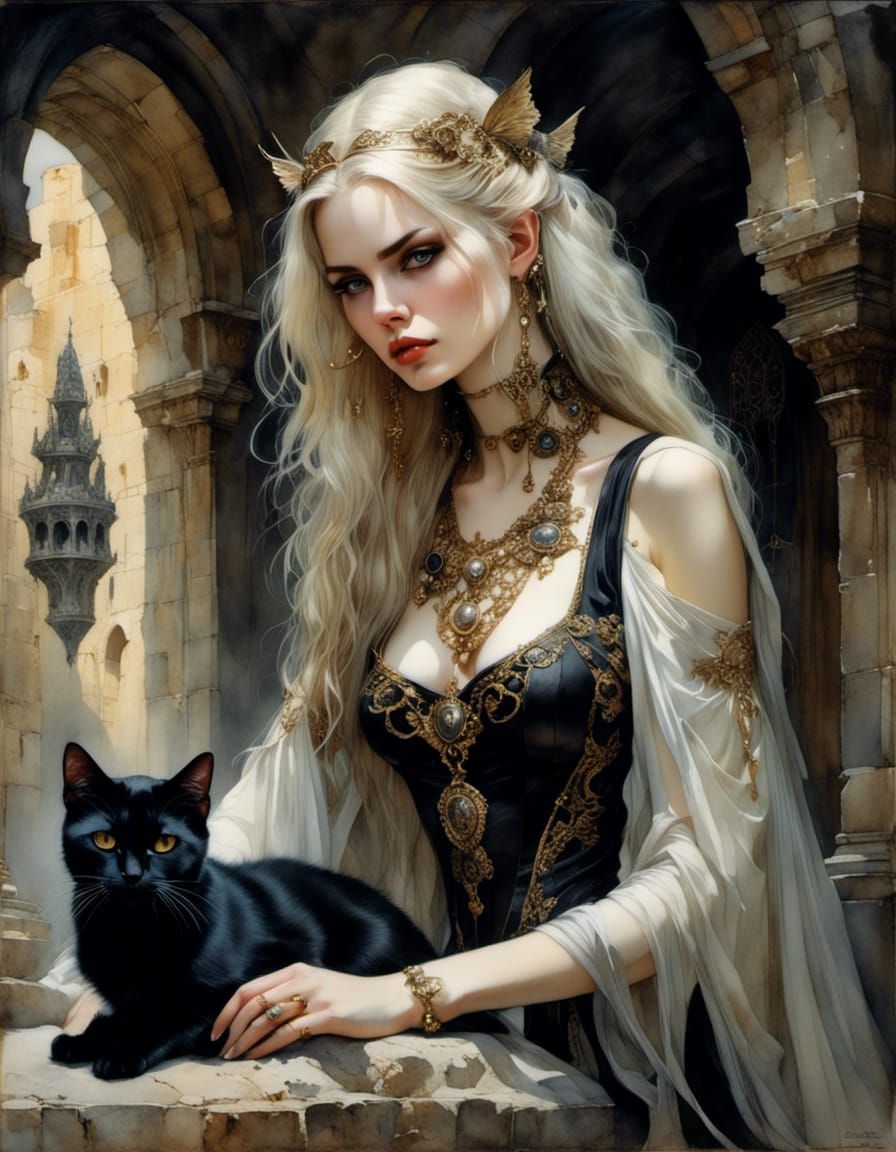 Enchantress Portrait in Watercolor and Ink Style