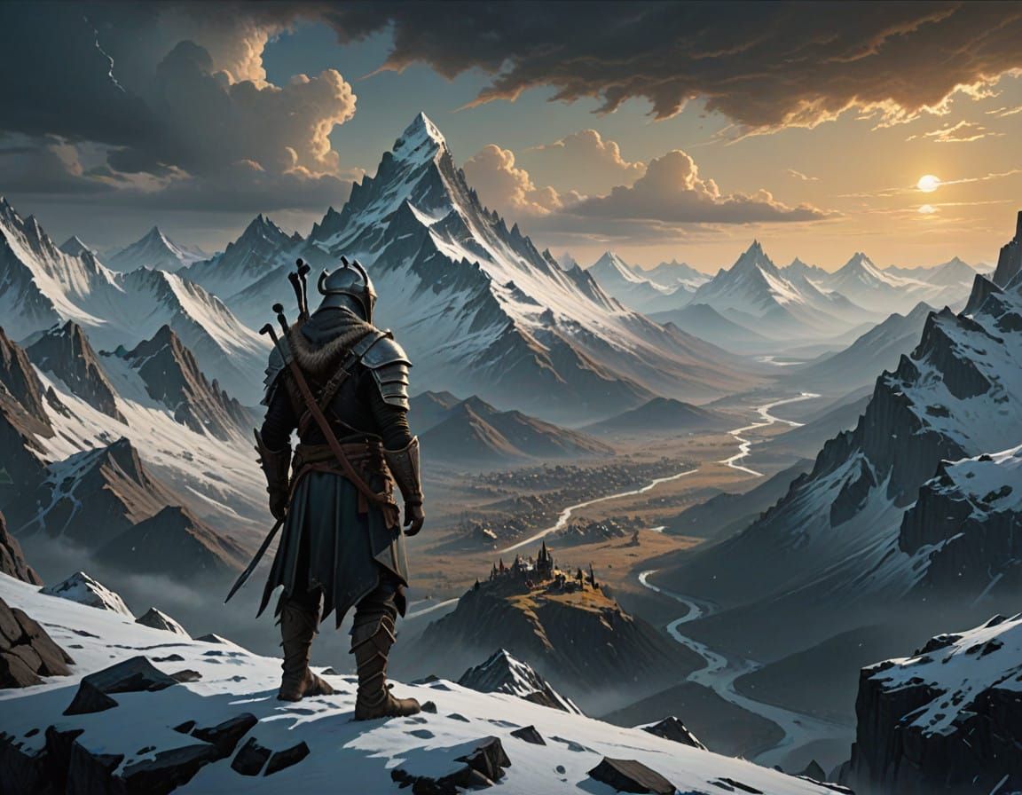 Skyrim Mountain Landscape in Epic Oil Painting Style