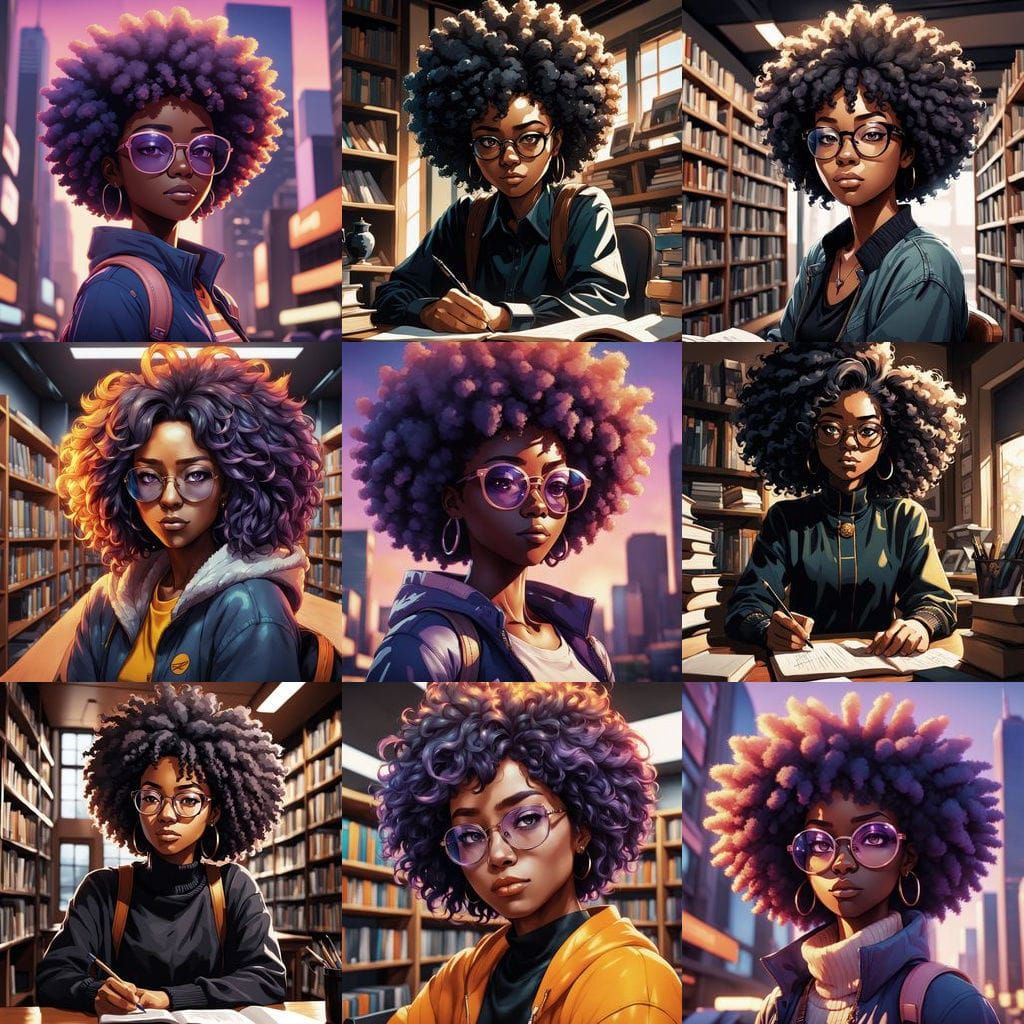 Cyberpunk Anime College Girl with Afro